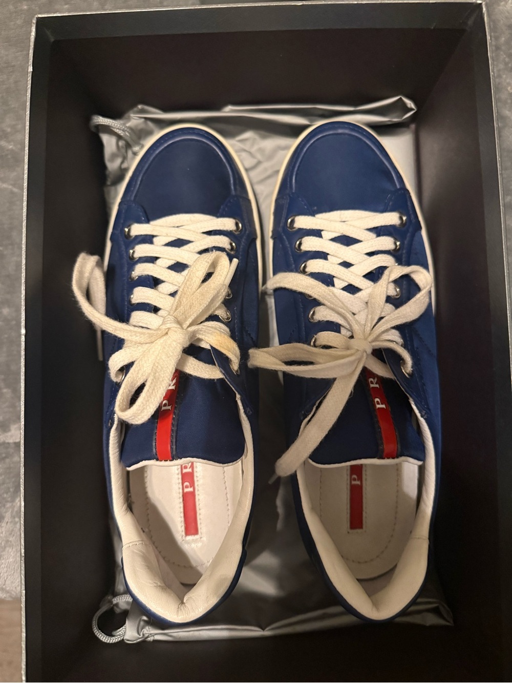Prada Navy and White Low-Top Leather Sneakers